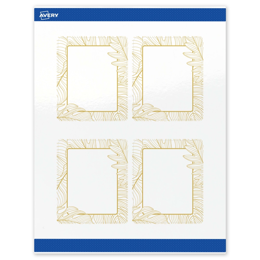 Avery Printable Labels With Sure Feed Technology, S00-EVW, Rectangle, 4in x 3-1/3in, Glossy White With Preprinted Gold Leaf Pattern, Pack Of 40 MPN:S00-EVW-PRWGP10