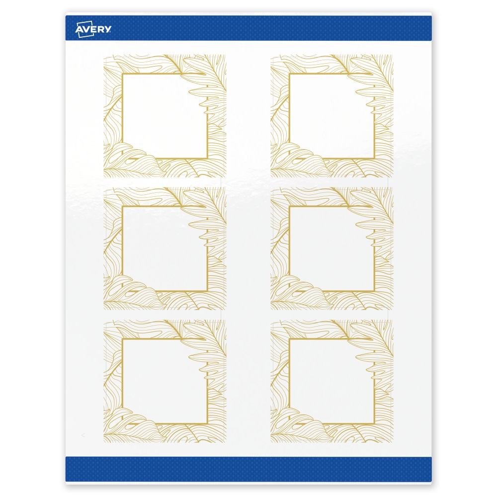 Avery Printable Labels With Sure Feed Technology, S00-EW7, Square, 3in x 3in, Glossy White With Preprinted Gold Leaf Pattern, Pack Of 60 MPN:S00-EW7-PRWGP10