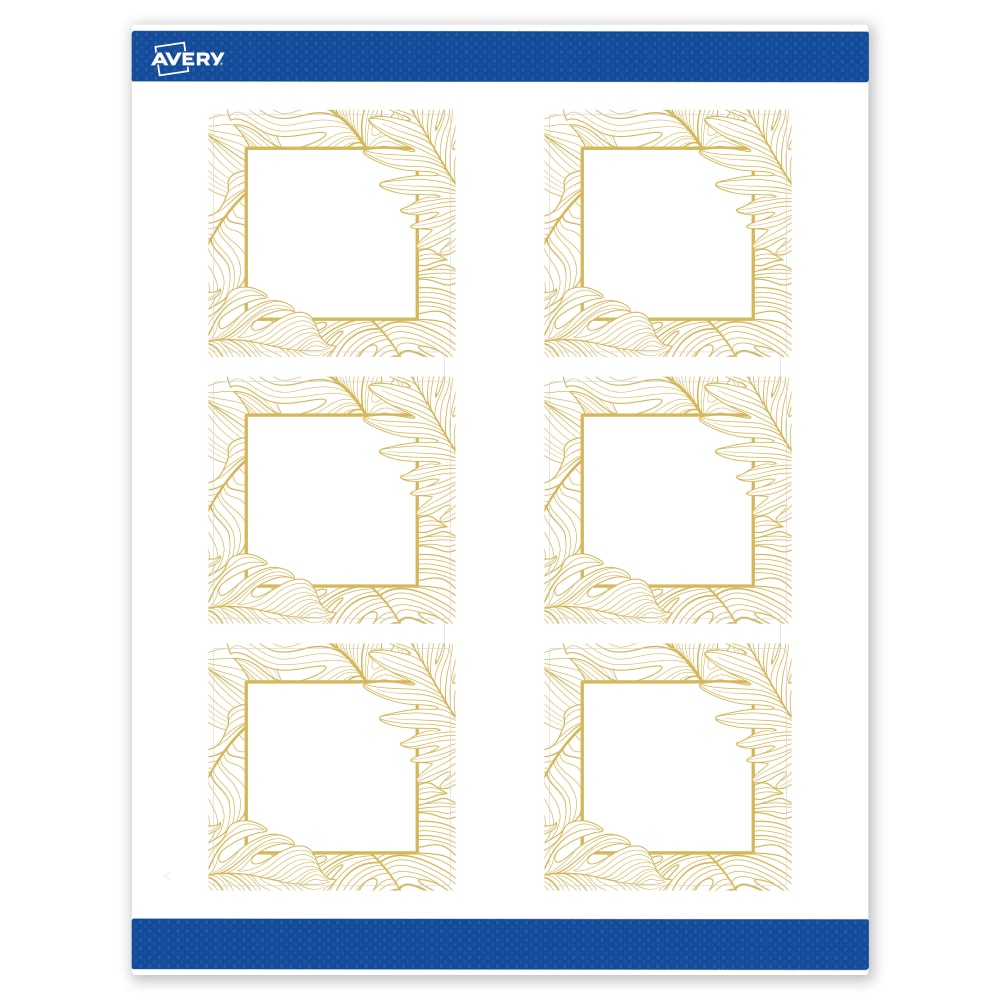 Avery Printable Labels With Sure Feed Technology, S00-EW7, Square, 3in x 3in, Matte White With Preprinted Gold Leaf Pattern, Pack Of 60 MPN:S00-EW7-PRWMP10