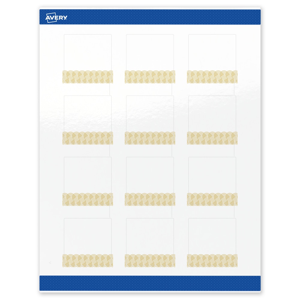 Avery Printable Labels With Sure Feed Technology, S00-EWR, Square, 2in x 2in, Glossy White With Preprinted Gold Lace Trim Pattern, Pack Of 120 MPN:S00-EWR-PRWGP10