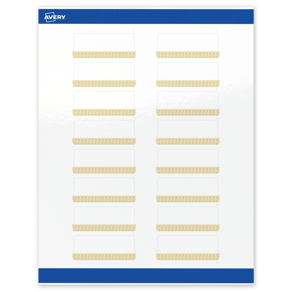 Avery Printable Labels With Sure Feed Technology, S00-EWS, Rectangle, 1in x 2-5/8in, Glossy White With Preprinted Gold Lace Trim Pattern, Pack Of 160 MPN:S00-EWS-PRWGP10