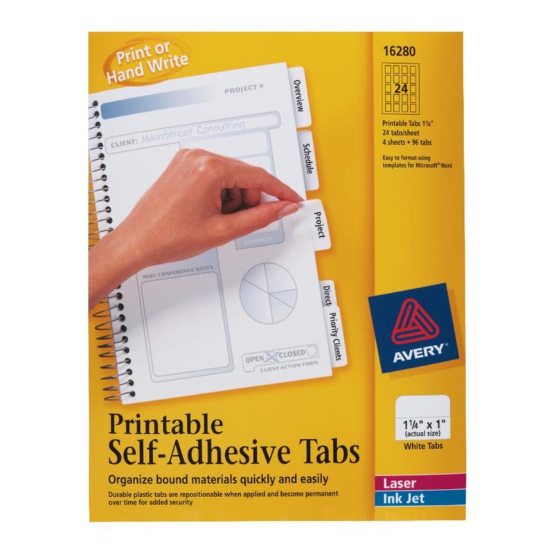 Avery Printable Self-Adhesive Tabs, 1 1/4in x 1in, White, Pack Of 96 (Min Order Qty 6) MPN:16280