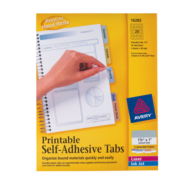 Avery Printable Self-Adhesive Tabs, Multicolor, Pack Of 80 MPN:16283