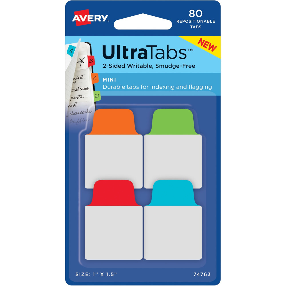 Avery UltraTabs Repositionable Mini Tabs - Write-on Tab(s) - 1.50in Tab Height x 1in Tab Width - Assorted Tab(s) - 80 / Pack MPN:74763