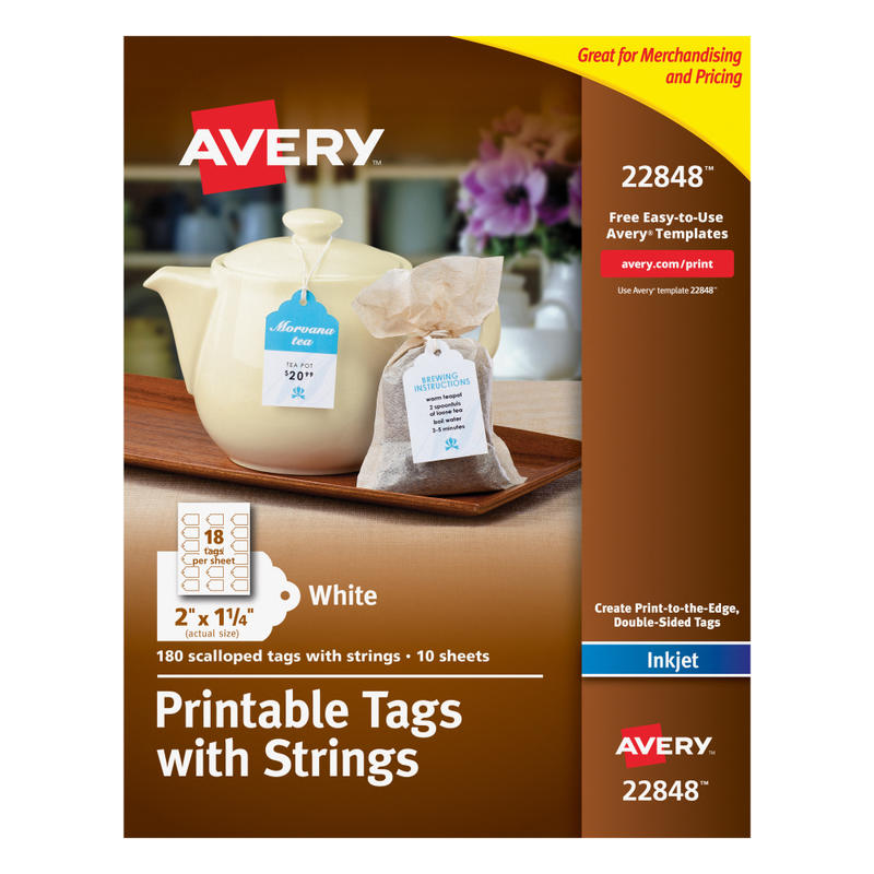 Avery Print-To-The-Edge Tags With Strings, Scalloped, 2in x 1/14in, White, Pack of 180 MPN:22848