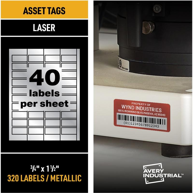 Avery PermaTrack Asset Tag Labels, 3/4in x 1 1/2in, Silver, 40 Per Sheet, Pack Of 8 Sheets MPN:61523