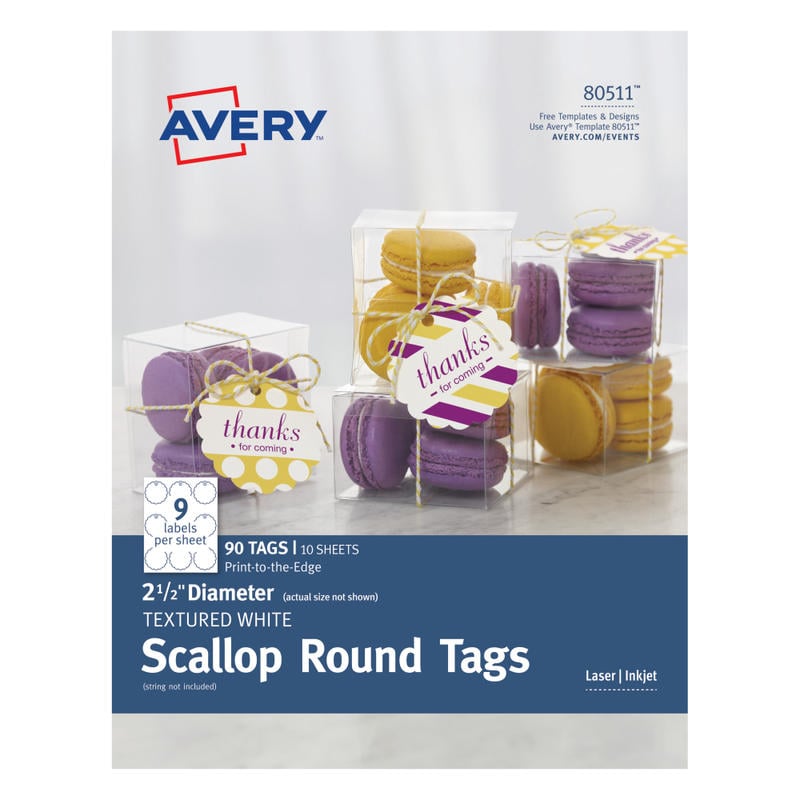 Avery Printable Textured Scallop Round Tags, 2 1/2in diameter, White, Pack of 90 MPN:AVE80511