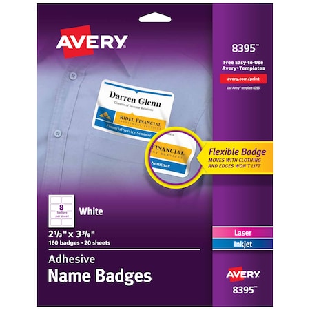 Flexible Name Tag Stickers, White, PK160 MPN:8395