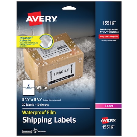 Waterproof Shipping Labels with Ul, PK20 MPN:15516