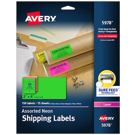 Neon Shipping Labels with Sure Fe, PK150 MPN:5978