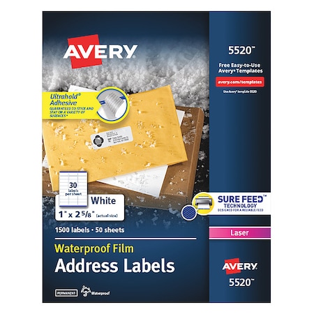 Laser Label, 2 5/8 in Label W, 1 in Label H, 30 Labels per Sheet White MPN:AVE05220