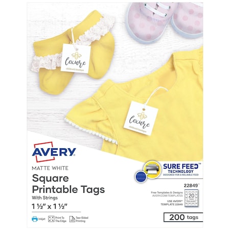 Printable Tags with Strings, 1-1/2 in W, White, Square, 200 PK MPN:22849