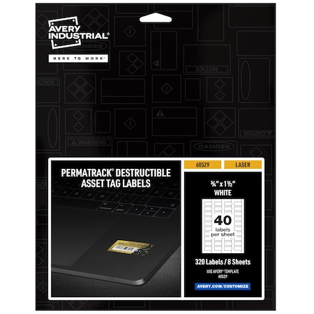 Destructible Asset Tag Labels, 3/4, PK320, Film, 3/4 in W, White, Rectangle, 320 PK MPN:60529