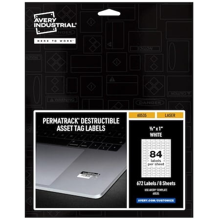 Destructible Asset Tag Labels, 1/2, PK672, Film, 1/2 in W, White, Rectangle, 672 PK MPN:60535