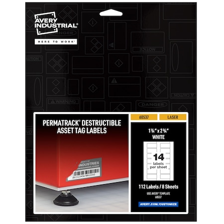 Destructible Asset Tag Labels, 1-1, PK112, Film, 9.44 in W, 1-1/4