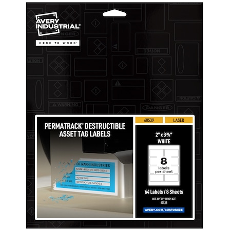 Destructible Asset Tag Labels, 3-3/, PK64, Film, 9.44 in W, 2