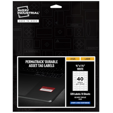 Durable White Asset Tag Labels, La, PK320, Film, 9.44 in W, 3/4