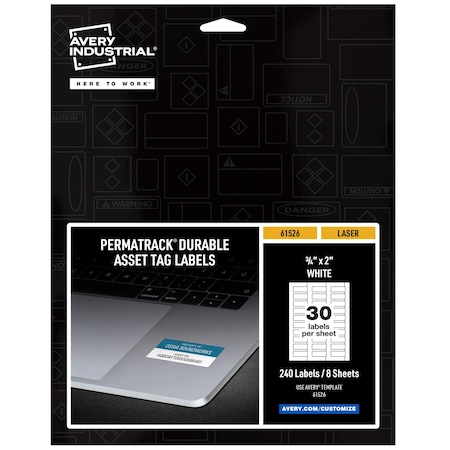 Durable White Asset Tag Labels, La, PK240, Film, 9.44 in W, 3/4
