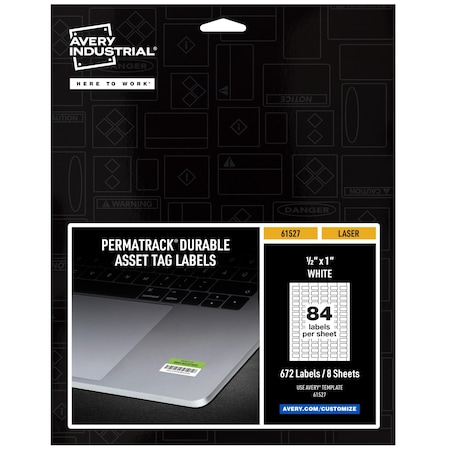 Durable White Asset Tag Labels, La, PK672, Film, 9.44 in W, 1/2