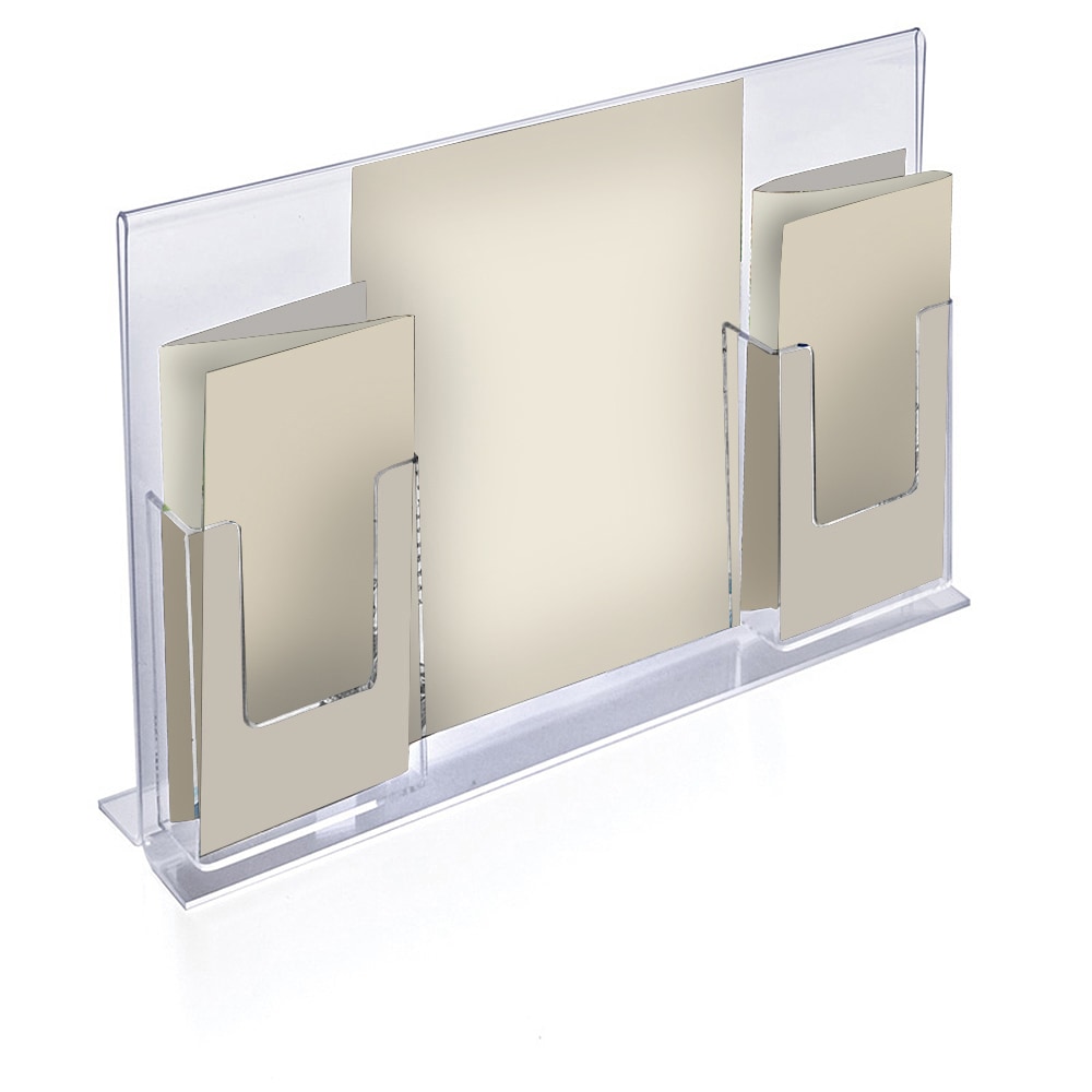 Azar Displays Double-Foot Sign Holders, With 2 Trifold Pockets, 11inH x 18inW x 4 5/8inD, Clear, Pack Of 2 Holders MPN:252058-2PK