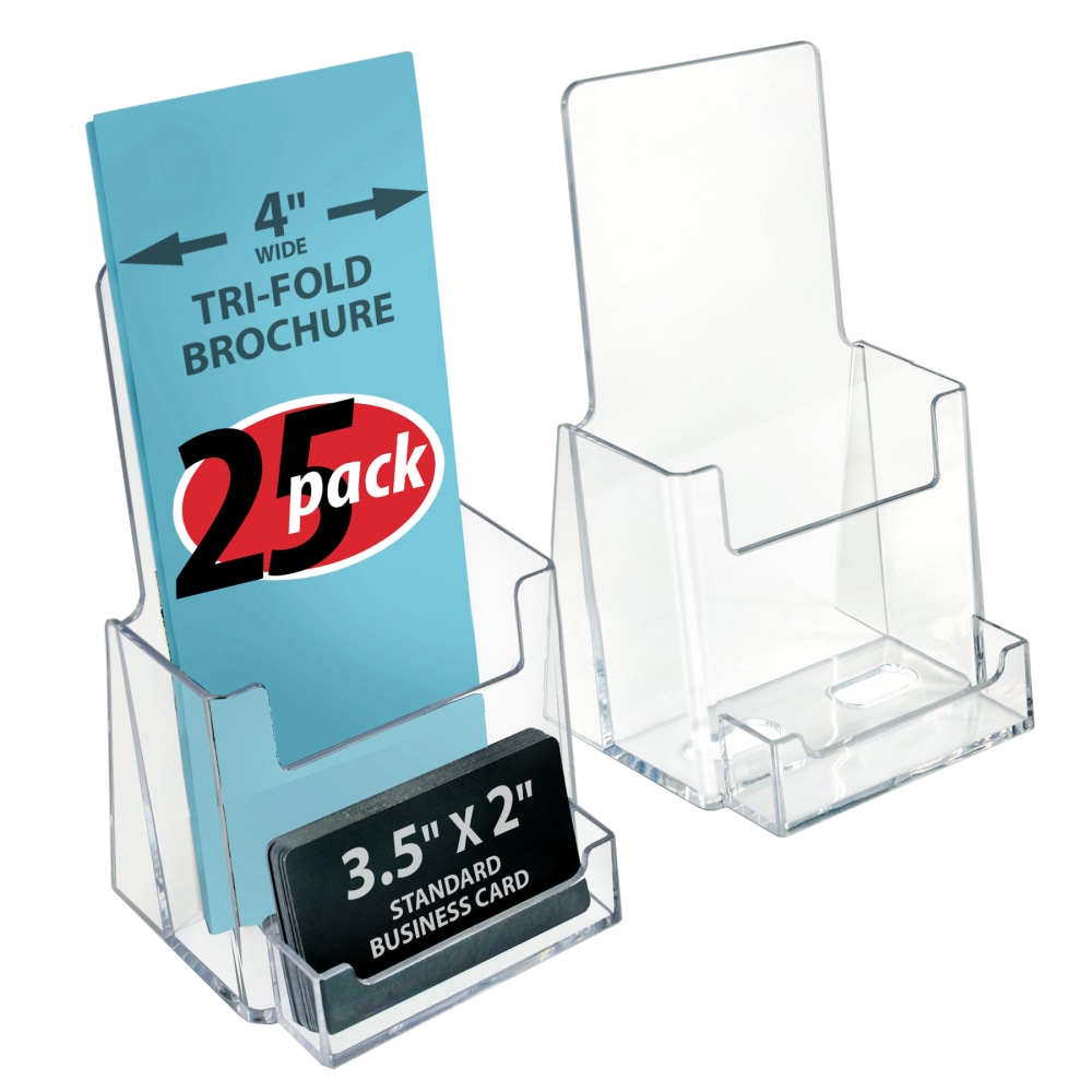 Azar Displays Trifold Brochure Holders With Business Card Pockets, 7-1/4inH x 4-1/8inW x 3-9/16inD, Clear, Set Of 25 Holders MPN:252922-25PK