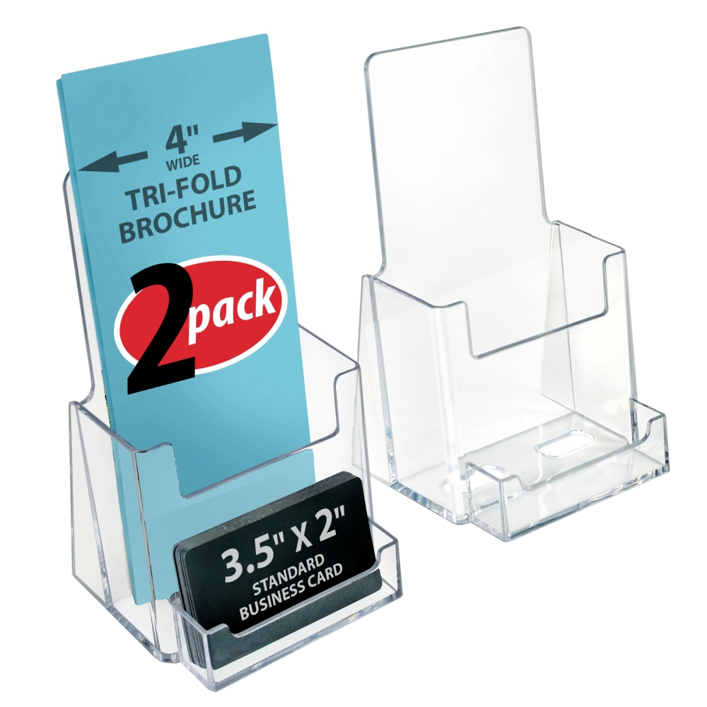 Azar Displays Trifold Brochure Holders With Business Card Pockets, 7-1/4inH x 4-1/8inW x 3-9/16inD, Clear, Set Of 2 Holders MPN:252922-2PK