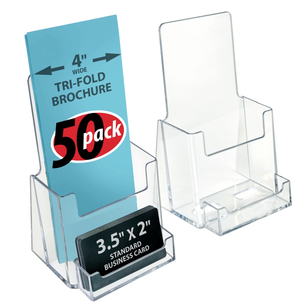 Azar Displays Trifold Brochure Holders With Business Card Pockets, 7-1/4inH x 4-1/8inW x 3-9/16inD, Clear, Set Of 50 Holders MPN:252922-50PK