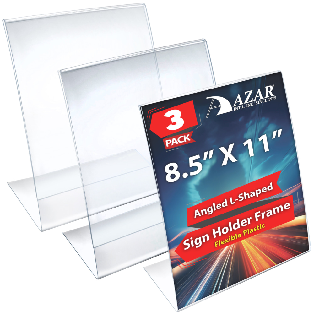 Azar Displays L-Shaped Flexible Plastic Vertical Sign Holders, 8-1/2in x 11in, Clear, Pack Of 3 Holders MPN:112430-3PK