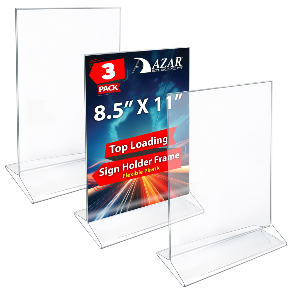 Azar Displays Top Load Flexible Plastic Vertical Sign Holders, 8-1/2in x 11in, Clear, Pack Of 3 Holders MPN:142430-3PK
