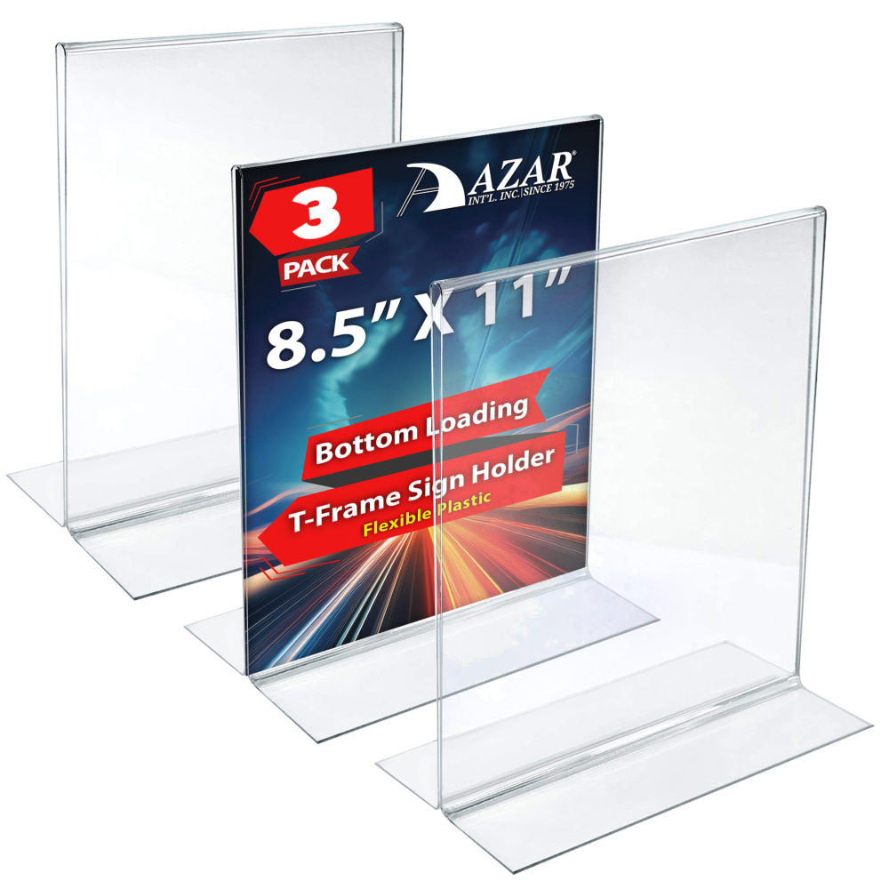 Azar Displays Flexible Plastic Vertical Sign Holders, 8-1/2in x 11in, Clear, Pack of 3 Holders MPN:152430-3PK