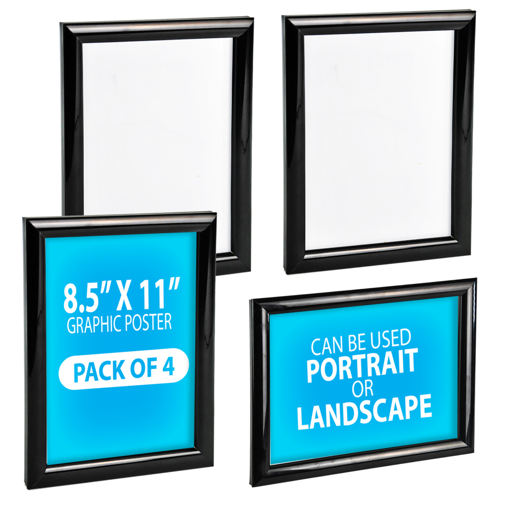 Azar Displays Wall Mount Plastic Snap Poster Vertical/Horizontal Sign Holders, 11inH x 8-1/2inW x 3/4inD, Black, Pack Of 4 Holders MPN:300336-BLK-4PK