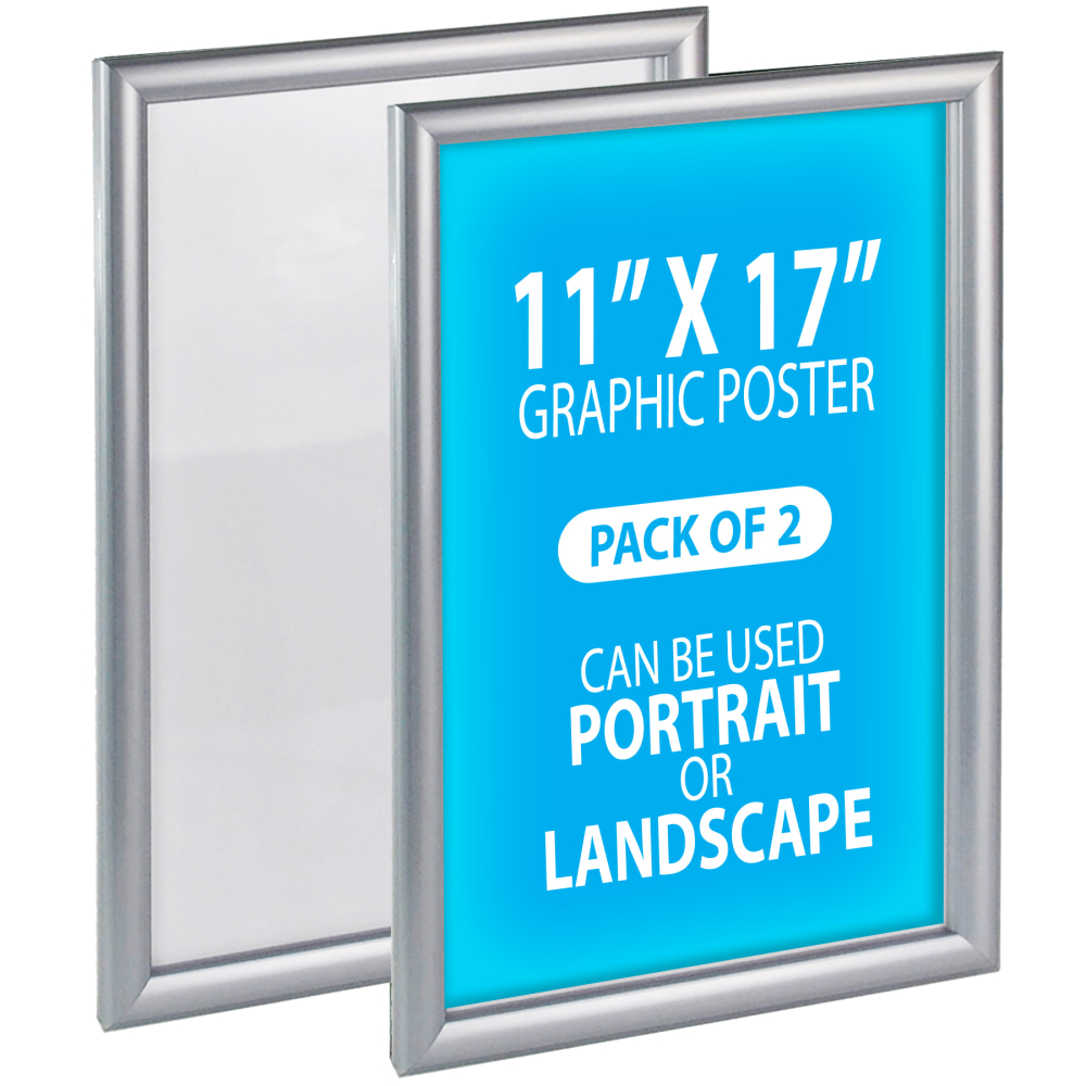 Azar Displays Wall Mount Snap Plastic Vertical/Horizontal Poster Frames, 17inH x 11inW x 3/4inD, Silver, Pack Of 2 Frames MPN:300340-SLV-2PK