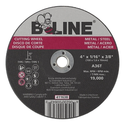 4 X 1/16 B-Line T1 Cutting Wheel A36T 3/8 A.H. MPN:903-411638