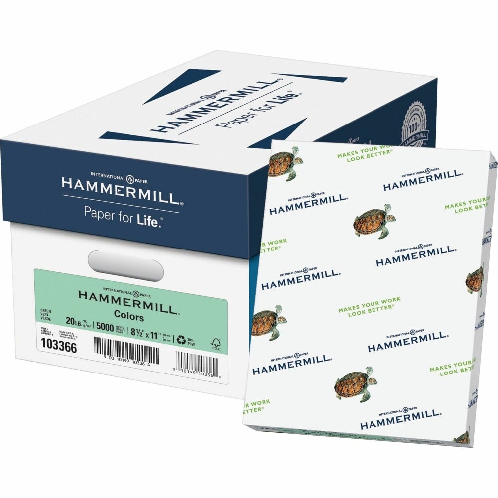 Hammermill Colors Recycled Copy Paper, 10 Reams, Green, Letter (8.5in x 11in), 5000 Sheets Per Case, 20 Lb MPN:103366CT