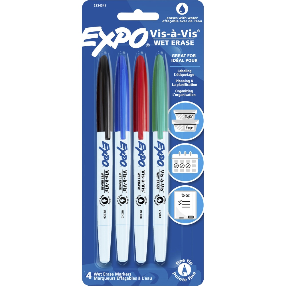 EXPO Vis-A-Vis Wet-Erase Markers, Fine Point, White Barrels, Assorted Ink Colors, Pack Of 4 Markers MPN:2134341