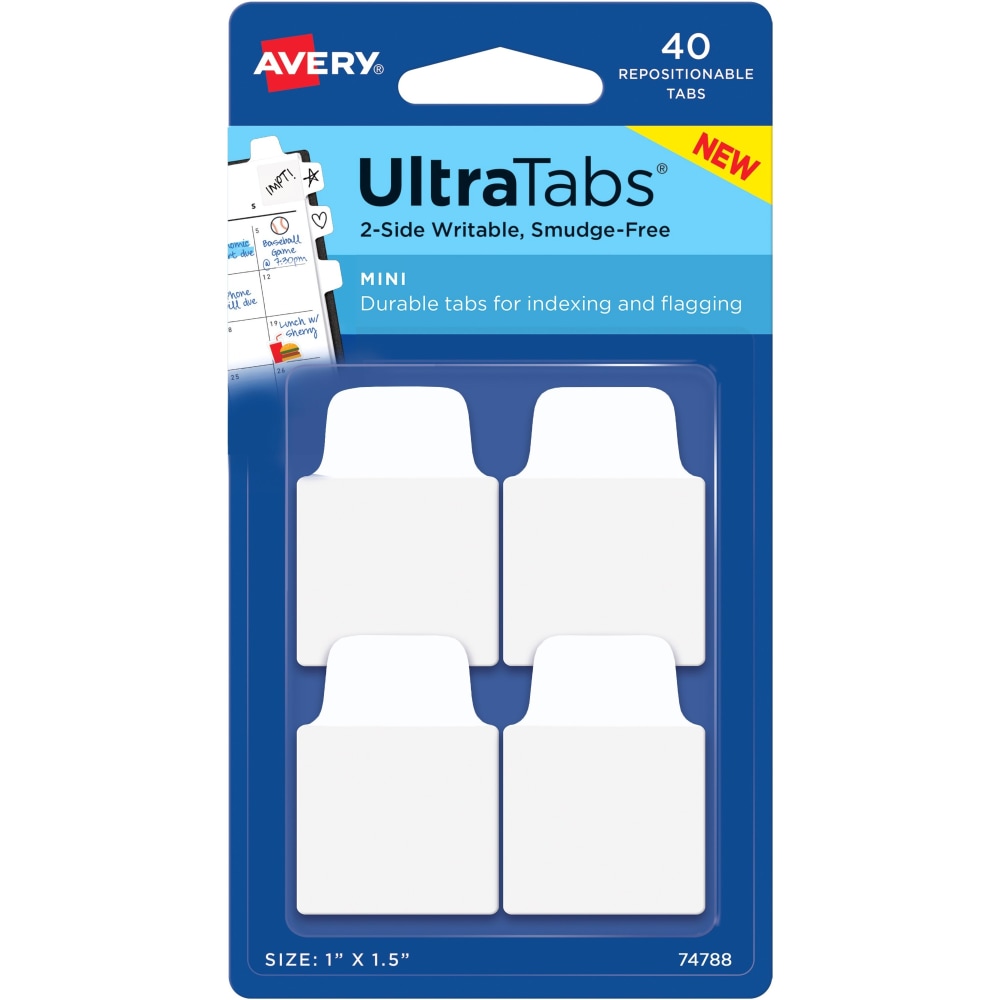 Avery Ultra Tabs Repositionable Mini Tabs - 40 Tab(s) - 10 Tab(s)/Set - Clear Film, White Paper Tab(s) - 4 (Min Order Qty 14) MPN:74788