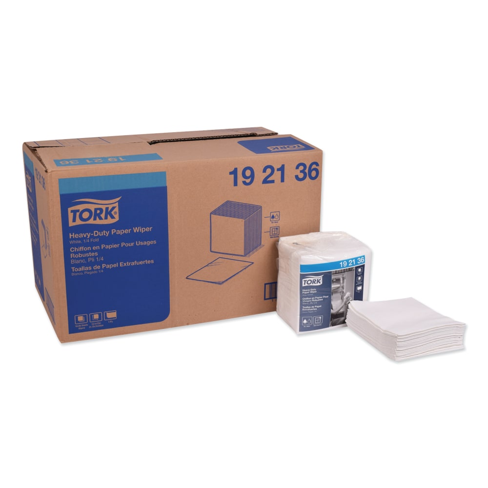 Tork Heavy-Duty 1/4 Fold Paper Wipers, 13in x 12-1/2in, White, 56 Wipers Per Box, Pack Of 16 Boxes MPN:192136