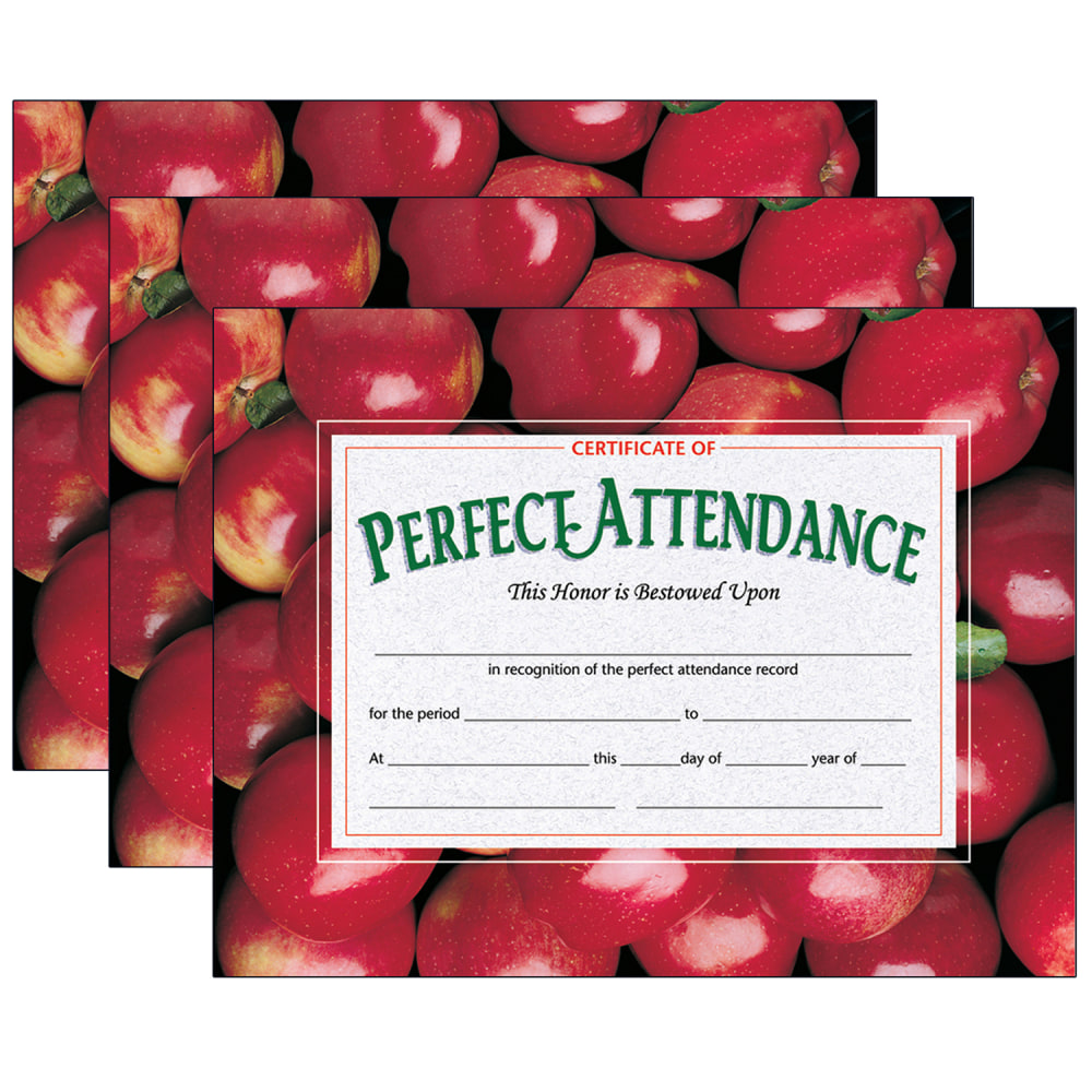 Hayes Certificates, 8-1/2in x 11in, Perfect Attendance, Apples, 30 Certificates Per Pack, Set Of 3 Packs MPN:H-VA513-3