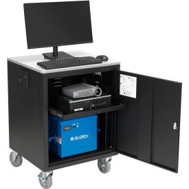 GoVets™ Mobile Powered Audio Visual Cart w/ Lockable Cabinet 480WH Battery Black 659PBK40241