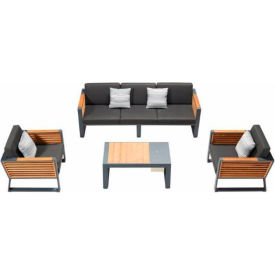 Babmar Avant 4 Piece Sofa Set Coffee Table w/ Cooler Charcoal Gray Frame Sunproof Black Cushions MB204020