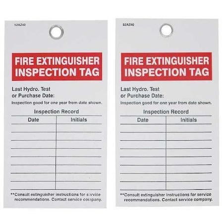 Tag, Fire Extinguisher Inspection Tag, Vinyl, 5 3/4 in H x 3 5/32 in W, White, Rectangle, 25 PK MPN:133