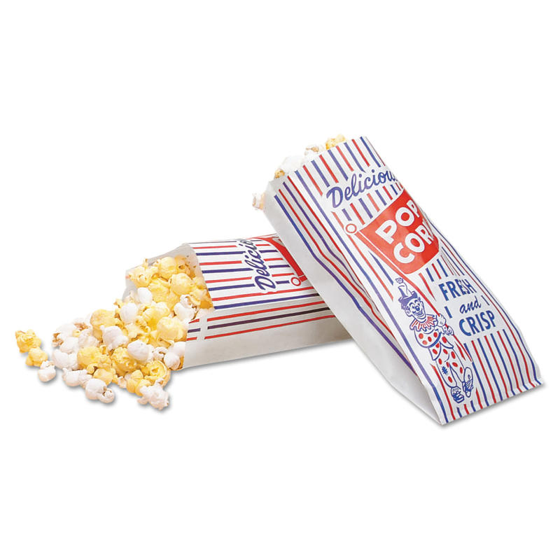 Bagcraft Pinch-Bottom Paper Popcorn Bags, 8inH x 4inW x 1 1/2inD, Blue/Red/White, Pack Of 1, 000 Bags MPN:300471