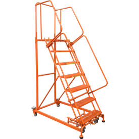 7 Step Orange Extra Heavy Duty Steel Rolling Ladder - Perforated Tread - ML073221P-O ML073221P-O