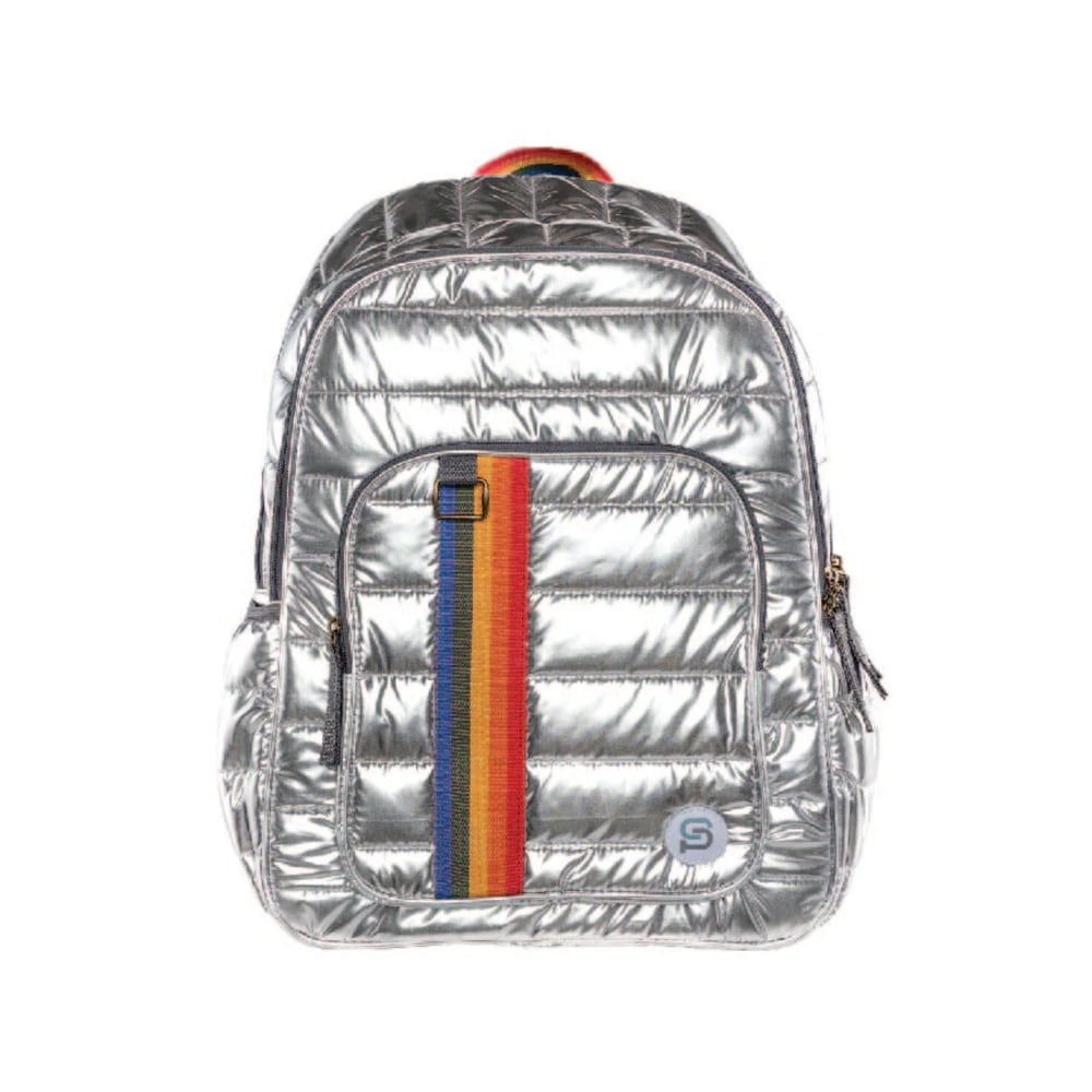 SYDNEY PAIGE X BAZIC Products RALEIGH Puff Backpack, 18in, Silver Rainbow MPN:BAZ1115