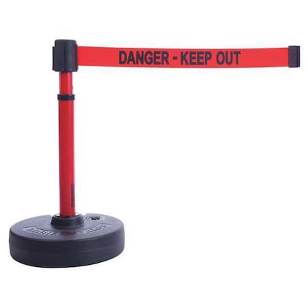 Barrier Post with Belt, Red, 15 ft Length, 22 in to 42 in Adjustable Post Height, Danger Keep Out MPN:PL4094