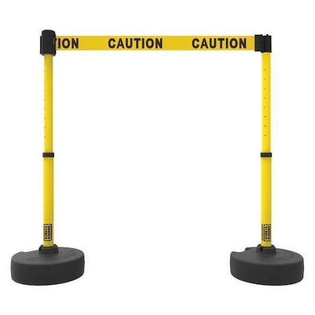 Barrier Post with Belt, Yellow, 15 ft Length, 22 in to 42 in Adjustable Post Height, Caution MPN:PL4282