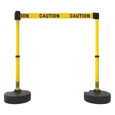 Belt Barrier System, Yellow, 15 ft Length, 22 in to 42 in Adjustable Post Height, Caution MPN:PL4283