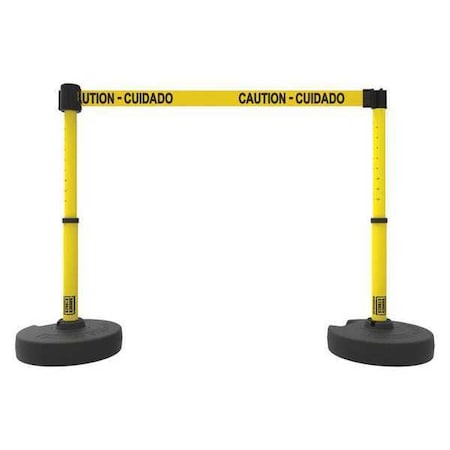 Belt Barrier System, Yellow, 15 ft Length, 22 in to 42 in Adjustable Post Height, Caution - Cuidado MPN:PL4284