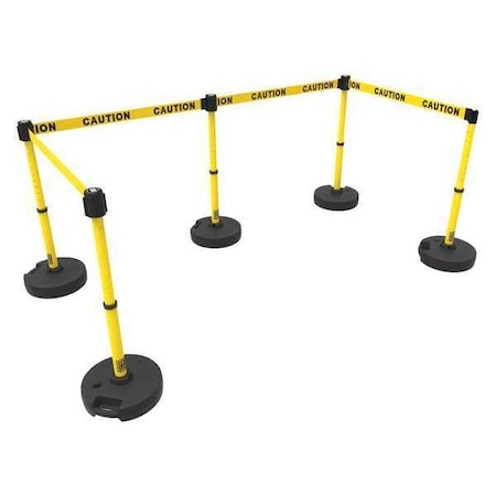 Barrier Post with Belt, Yellow, 15 ft Length, 22 in to 42 in Adjustable Post Height, Caution MPN:PL4583