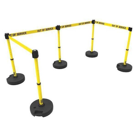 Barrier Post with Belt, Yellow, 15 ft Length, 22 in to 42 in Adjustable Post Height, Out of Service MPN:PL4589